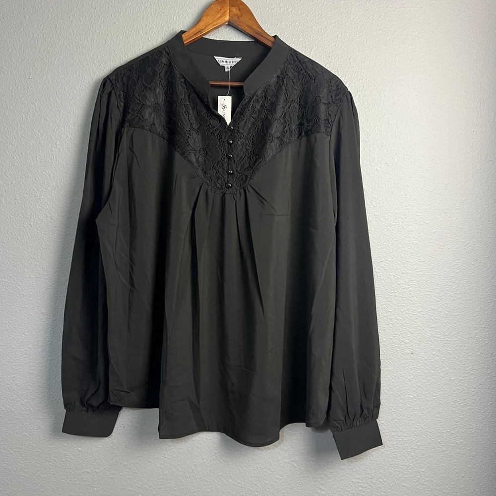 NWT Summer Bird XXL Black Blouse Long Sleeve Lace Detail Victorian Button Up Top